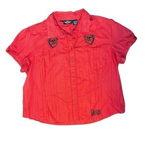 Harley Davidson Womens 1X Red Motorcycle Button Up Embroidered Shirt